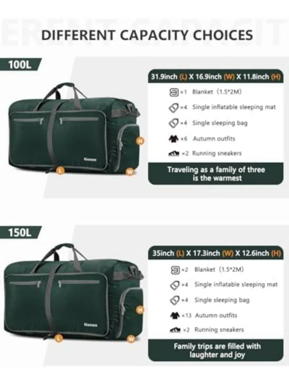 150L Lightweight Foldable Travel Duffle Bag with Shoe Compartment - Perfect for